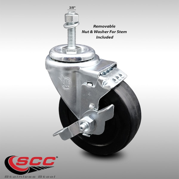 4 Inch SS Soft Rubber Wheel Swivel 3/8 Inch Threaded Stem Caster with Brake SCC